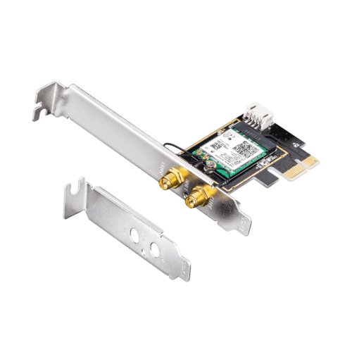 WE3000-L3_151a05b7-d50d-47ef-839a-a17ed3fd8e94 Wireless PCIe network card with two antenna connectors and a metal mounting bracket