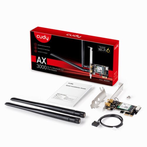 WE3000_2.0 Cudy AX3000 Wi‑Fi 6 PCIe adapter kit with antennas, bracket, cables, and quick installation guide next to the red box package.