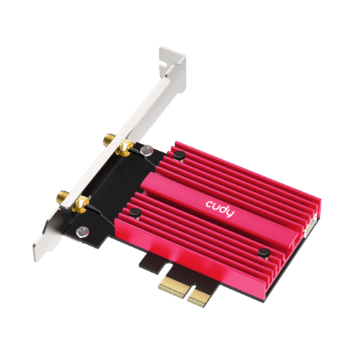 WE4000-L4_83a903f2-f179-4a55-b20b-e01d56554233 Red finned heatsink NVMe SSD on a PCIe adapter with mounting bracket (Cudy)