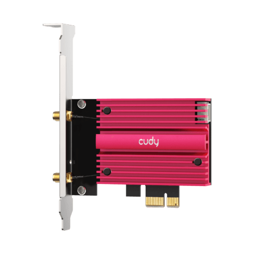WE4000-L5_7ccaac82-ecb5-43ea-9adf-cf057731663c PCIe expansion card with a pink heatsink and the brand 'cudy' visible on the side