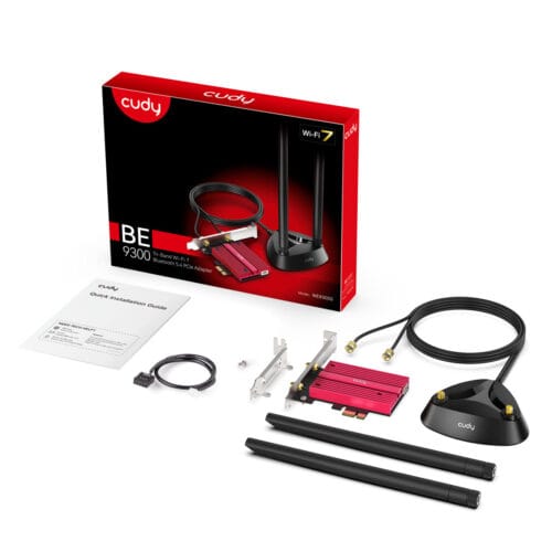 WE9300S-_-10 Cudy BE 9300 Wi‑Fi 7 PCIe adapter kit with PCIe card, two antennas, mounting bracket, cables, and quick install guide.