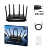 WR11000_1.0_-package-content Black triangular Wi‑Fi router with six antennas and blue indicator lights beside a power adapter, cable, and a boxed router kit.