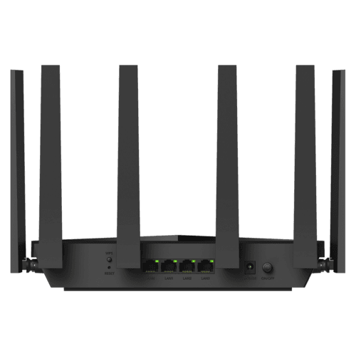 WR11000_1.0_1_b7da6ab1-b76b-4b5e-8737-a52d55260a94 Rear view of a black router showing WAN and four Ethernet ports (LAN1-LAN3) with green status LEDs and a power button area