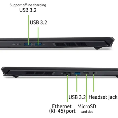 acer-nitro-v-16s-ai-anv16s-61-black-port-view-01-custom_nh.qzysg.003_1_2 Side view of a laptop showing USB 3.2 ports (one for offline charging), an Ethernet RJ-45 port, a MicroSD card slot, and a headset jack.