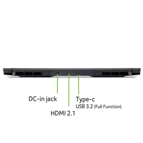 acer-nitro-v-16s-ai-anv16s-61-black-port-view-02-custom_nh.qzysg.003_1_2 Back edge of a black laptop showing ports: DC-in jack, HDMI 2.1, and USB-C (USB 3.2, full function).