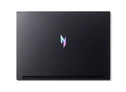 acer-nitro-v-16s-ai-anv16s-61-non-fingerprint-with-backlit-black-06-custom_nh.qzysg.003_1_2 Closed black laptop viewed from above with a small iridescent M-shaped logo in the center and a slim front edge