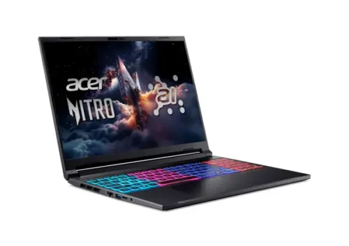 acer-nitro-v-16s-ai-anv16s-61-non-fingerprint-with-backlit-on-wp-ai-logo-black-02-custom_nh.qzysg.003_1_2 Acer Nitro gaming laptop, black and open, with a multicolor RGB keyboard; screen shows a space-themed wallpaper.