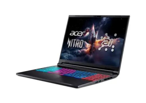 acer-nitro-v-16s-ai-anv16s-61-non-fingerprint-with-backlit-on-wp-ai-logo-black-03-custom_nh.qzysg.003_1_2 Acer Nitro gaming laptop open at an angle with a multicolor rainbow backlit keyboard on a plain background.