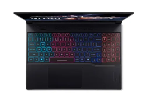 acer-nitro-v-16s-ai-anv16s-61-non-fingerprint-with-backlit-on-wp-ai-logo-black-04-custom_nh.qzysg.003_1_2 Top-down view of an open black gaming laptop with a multicolor RGB keyboard.