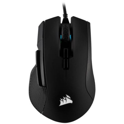 Black wired gaming mouse (Corsair) viewed from above, showing ergonomic grip and blue LED accents near the scroll wheel with braided cable trail in the background.