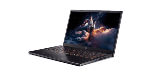 descarga (13) Gaming laptop open at an angle with a space-themed wallpaper showing a spaceship among clouds and stars on the screen, on a white background.