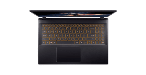 descarga (15) Top-down view of a dark laptop open with an orange-backlit keyboard and centered touchpad