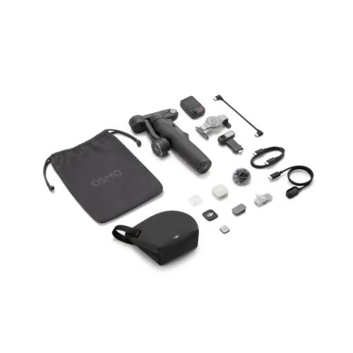 dji-el-salvador-osmo-mobile-8p-creator-combo.jpg DJI Osmo pocket gimbal kit laid out with accessories: bag, small adapters, charging cables, and windscreen mic cover.