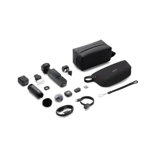 dji-el-salvador-osmo-pocket-4-creator-combo.jpg@ultra Osmo action camera accessory kit laid out: mounts, adapters, batteries, cables, with two black pouches.