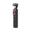 Handheld camera gimbal with a mounted lens and built-in screen showing a woman on display.
