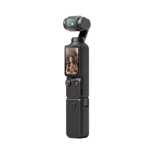 Handheld camera gimbal with a mounted lens and built-in screen showing a woman on display.