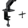fotos-landing-y-detalle_02(2) Clamp-on desk mount with adjustable arm and screw knobs, used to secure a monitor or accessory to a desk; shown with separate mounting plate and thumbscrew.