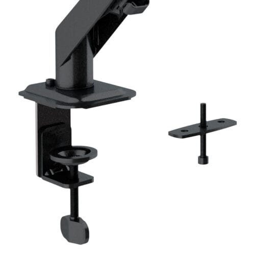 fotos-landing-y-detalle_02(2) Clamp-on desk mount with adjustable arm and screw knobs, used to secure a monitor or accessory to a desk; shown with separate mounting plate and thumbscrew.