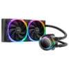 RGB-equipped all-in-one CPU liquid cooler with two 120mm fans and a round pump block connected by tubing, featuring multicolor lighting on fans and pump