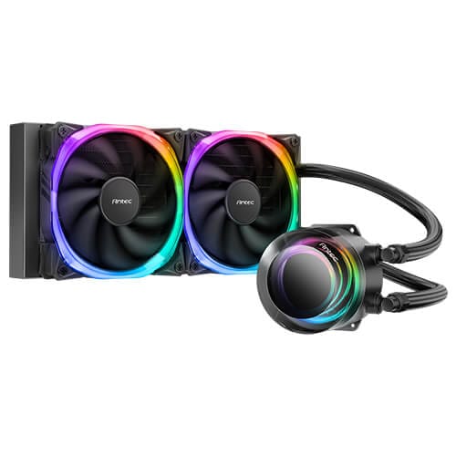 RGB-equipped all-in-one CPU liquid cooler with two 120mm fans and a round pump block connected by tubing, featuring multicolor lighting on fans and pump