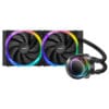 All-in-one liquid CPU cooler with a dual 120mm radiator and RGB-lit fans; pump block connected by tubes shows rainbow lighting.