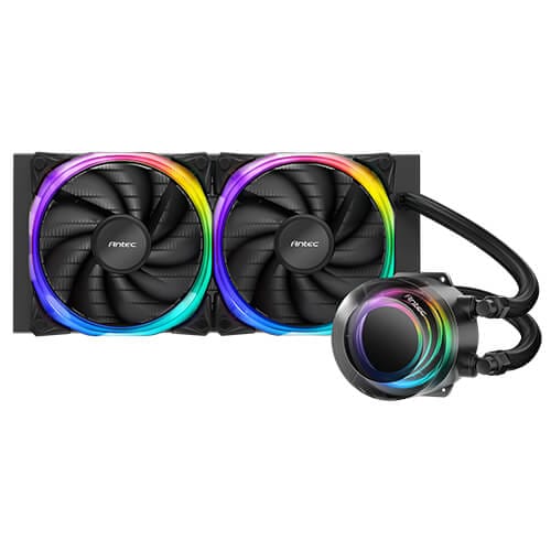 All-in-one liquid CPU cooler with a dual 120mm radiator and RGB-lit fans; pump block connected by tubes shows rainbow lighting.