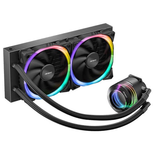 RGB liquid CPU cooler with a dual 120mm fan radiator and a round RGB CPU block connected by tubes.