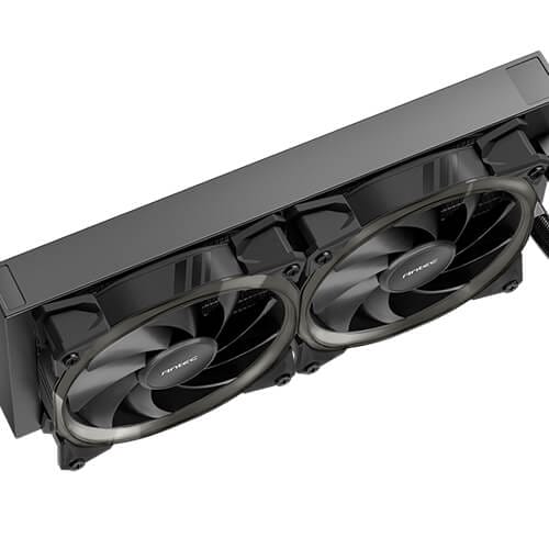 Dual-fan liquid cooling radiator with two 120mm fans, shown at an angled side view.