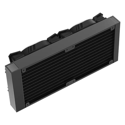 Black rectangular PC liquid cooling radiator with three attached fans viewed at an angle