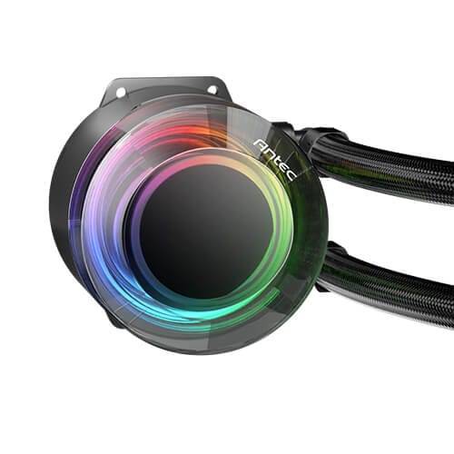 Antec CPU liquid cooler pump with an RGB-lit circular block and two braided tubes.