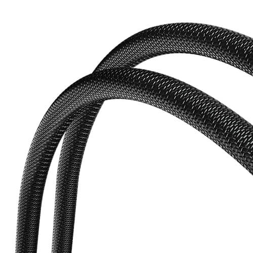 Close-up of two black braided cables looping together, showing textured woven surfaces.