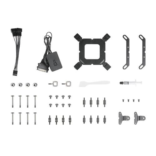 CPU cooler mounting kit with square backplate, four side brackets, rail spacers, screws, and cables.