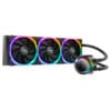 RGB-lit all-in-one liquid CPU cooler with a radiator, three illuminated fans, and a circular pump block connected by tubing, for a PC.