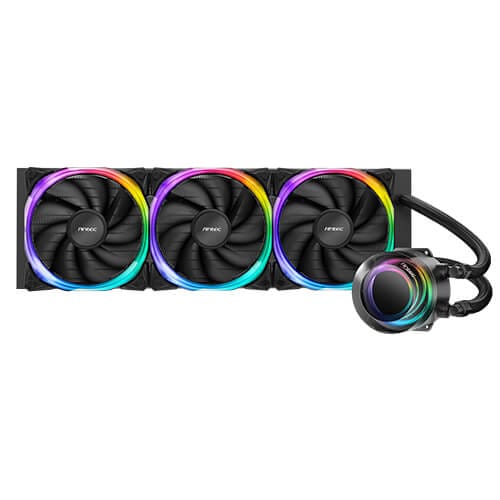 RGB-lit all-in-one liquid CPU cooler with three 120mm fans on a 360mm radiator and an attached CPU water block