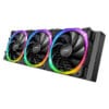 Triple RGB computer cooling fans mounted on a radiator, showcasing multicolor LED rings symmetry across the unit.