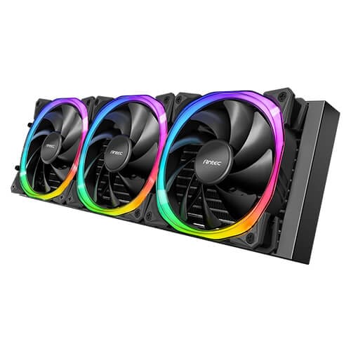 Triple RGB computer cooling fans mounted on a radiator, showcasing multicolor LED rings symmetry across the unit.