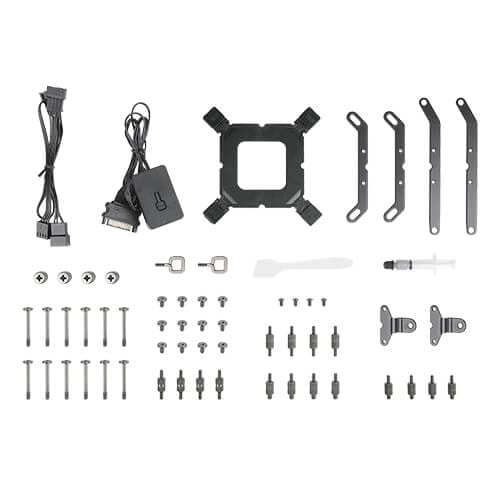 CPU cooler mounting kit laid out with backplate, cross-shaped mounting frame, side brackets, screws, spacers, and cables (for CPU cooling install).