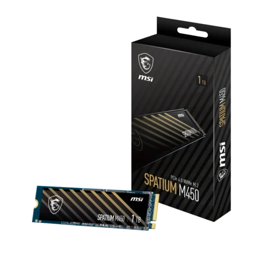 memoria-ssd-msi-spatium-m450-pcie-m.2-v1-1tb-box (1) MSI Spatium M450 1TB NVMe M.2 SSD beside its black striped packaging box