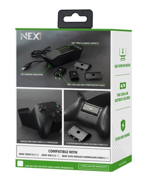 next-accessories-xbox-NX-XCHRG2-packaging-back-833x1024 Box for NEXT Xbox controller battery kit with two 1200mAh packs, charger, and controller mounts