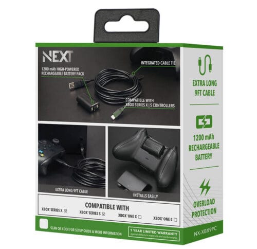 next-accessories-xbox-NXXBX9PC-package-2-1-1024x992 Packaging for NEXT Xbox charging kit: 1200 mAh rechargeable battery, extra-long 9ft cable, and integrated cable tie shown on the box surface.