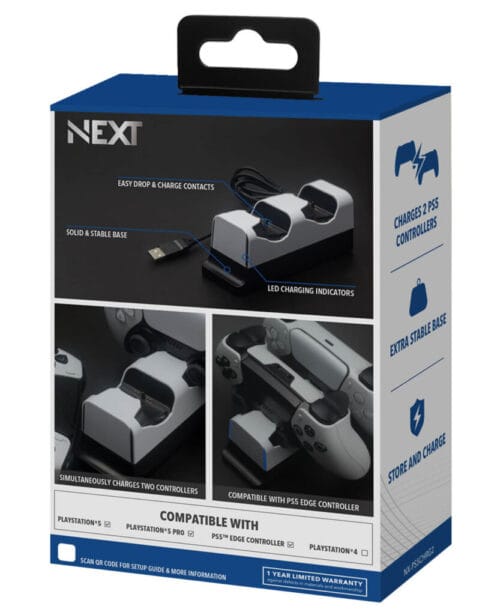 packaging-back-1-833x1024 (1) Boxed charging dock for PS5 controllers, showing dual USB charge base and LED indicators (NEXT brand).