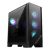 gabinetes-de-pc-msi-mag-forge-321r-airflow Black computer tower with a tempered-glass side panel and three RGB-lit front fans on a mesh front panel