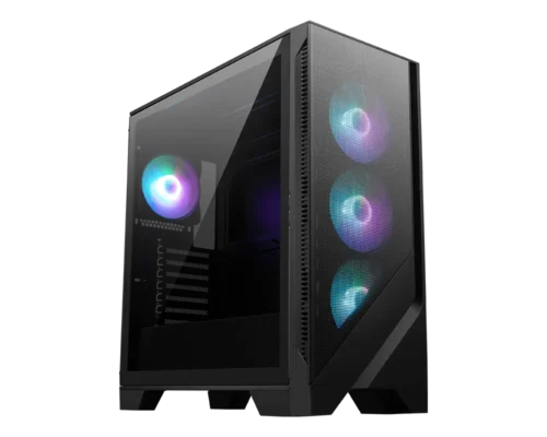 Black computer tower with a tempered-glass side panel and three RGB-lit front fans on a mesh front panel