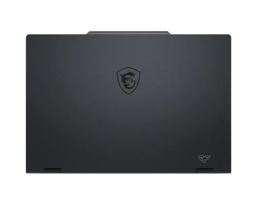 Closed dark gray laptop with a shield-shaped logo centered on the lid against a black background.