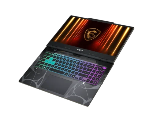 Open MSI gaming laptop with a fiery screen and rainbow RGB backlit keyboard.