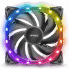 Antec RGB computer cooling fan with multicolor LEDs around the rim and black blades, viewed from the front.