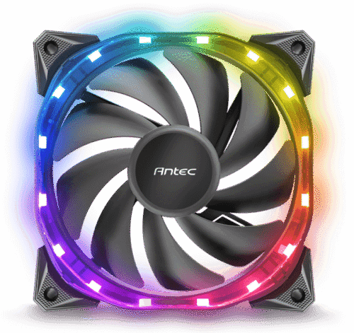 Antec RGB computer cooling fan with multicolor LEDs around the rim and black blades, viewed from the front.