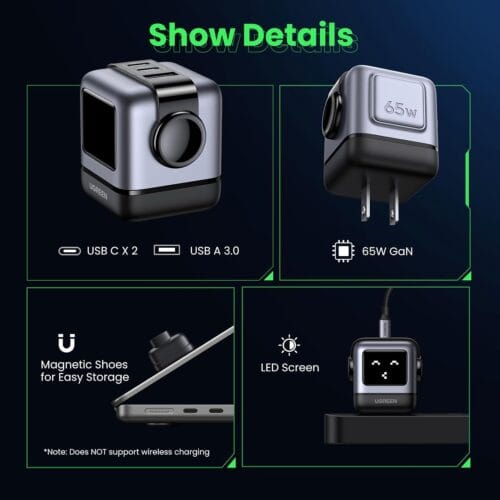 UGREEN - Uno 65W GaN USB-C de 3 Puertos con Pantalla LED