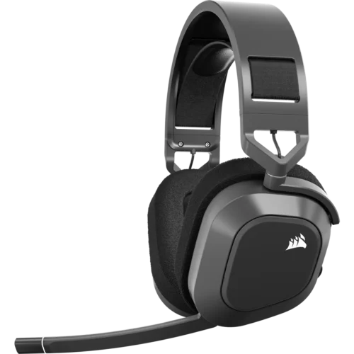 Black and gray over-ear gaming headset with a padded headband and a foldable microphone, featuring a white Corsair logo on the ear cup.