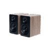Pair of wooden bookshelf speakers with black front panels facing forward.